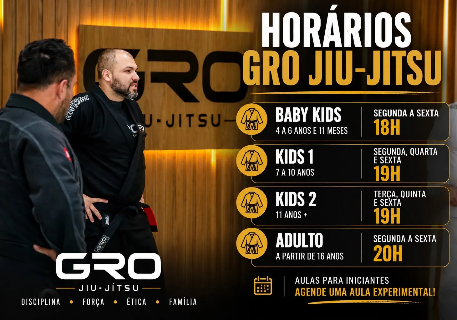 Grade de horários da GRO Jiu-Jitsu: Baby Kids, Kids 1, Kids 2 e Adulto